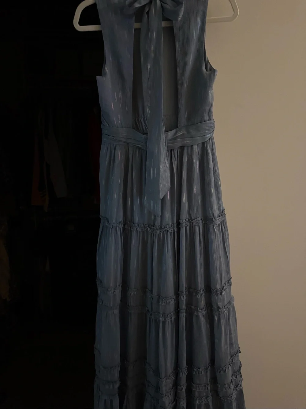 NEW-Aqua Light Blue Iridescent Ruffle Tiered Maxi Dress - Picture 9 of 10
